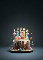 cumpleaños vistoso pastel decorado con dulces, cumpleaños pastel con velas, generativo ai. foto