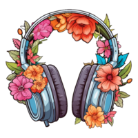 conceito aguarela ilustração fones de ouvido com flores e plantas, adesivo música fones de ouvido com fio com flores, generativo ai. png