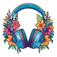 Concept watercolor illustration headphones with flowers and plants, sticker music headphones wired with flowers, generative ai. png