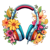 Concept watercolor illustration headphones with flowers and plants, sticker music headphones wired with flowers, generative ai. png