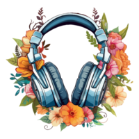 Concept watercolor illustration headphones with flowers and plants, sticker music headphones wired with flowers, generative ai. png