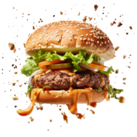 ampla delicioso suculento esfumaçado hamburguer separado em ingredientes flutuando dentro ar, generativo ai. png