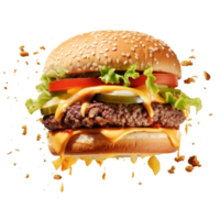 Large delicious juicy smoky burger separated on ingredients floating in air, . png