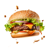 Large delicious juicy smoky burger separated on ingredients floating in air, generative ai. png