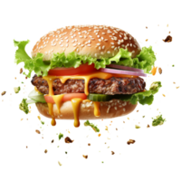 groß köstlich saftig rauchig Burger getrennt auf Zutaten schwebend im Luft, generativ ai. png