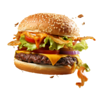 groß köstlich saftig rauchig Burger getrennt auf Zutaten schwebend im Luft, generativ ai. png