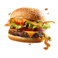 Large delicious juicy smoky burger separated on ingredients floating in air, . png