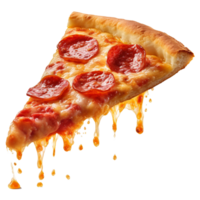 A slice of hot pizza with stretchy cheese, Slice of fresh italian classic original Pepperoni Pizza, generative ai. png