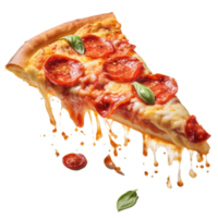 A slice of hot pizza with stretchy cheese, Slice of fresh italian classic original Pepperoni Pizza, generative ai. png