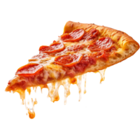 A slice of hot pizza with stretchy cheese, Slice of fresh italian classic original Pepperoni Pizza, generative ai. png
