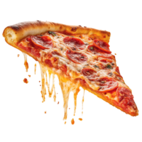 A slice of hot pizza with stretchy cheese, Slice of fresh italian classic original Pepperoni Pizza, generative ai. png