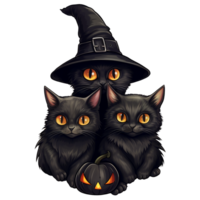 Halloween pumpkin with black cat and witch hat, . png