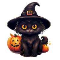 Halloween pumpkin with black cat and witch hat, generative ai. png