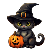 Halloween pumpkin with black cat and witch hat, generative ai. png