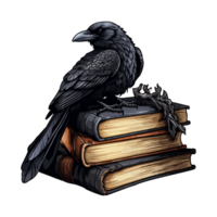 Okkulte Hexerei Rabe Krähe Geist Tier, dunkel Rabe sitzt auf Bücher, generativ ai. png