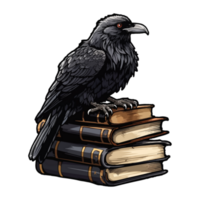 Okkulte Hexerei Rabe Krähe Geist Tier, dunkel Rabe sitzt auf Bücher, generativ ai. png