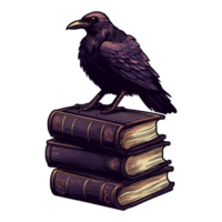 oculto feitiçaria Raven Corvo espírito animal, Sombrio Raven senta em livros, generativo ai. png