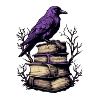 oculto feitiçaria Raven Corvo espírito animal, Sombrio Raven senta em livros, generativo ai. png