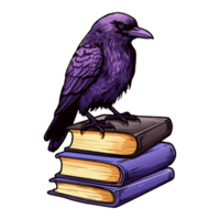 oculto feitiçaria Raven Corvo espírito animal, Sombrio Raven senta em livros, generativo ai. png