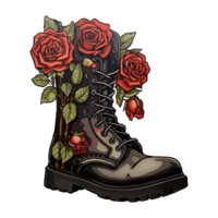 Stiefel mit Rosen innen, halt das Kriege. Militär- Stiefel. Militär- Stiefel mit blühen innen. Welt Frieden. rot Rosen. Heer Stiefel, generativ ai. png