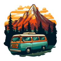 Retro camper vans in forest cartoon sticker, campers collection, generative ai. png