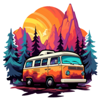 retro camper furgonetas en bosque dibujos animados pegatina, campistas recopilación, generativo ai. png