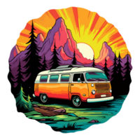 Retro camper vans in forest cartoon sticker, campers collection, generative ai. png
