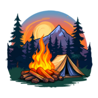 fuoco di bivacco nel foresta cartone animato etichetta, camper collezione, generativo ai. png