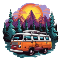 retro camper furgonetas en bosque dibujos animados pegatina, campistas recopilación, generativo ai. png