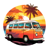 Summer Camper Van, camping on the sunset coast with car, palm trees, generative ai. png