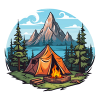 Campfire in forest cartoon sticker, campers collection, generative ai. png