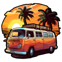 Sommer- Wohnmobil Lieferwagen, Camping auf das Sonnenuntergang Küste mit Auto, Palme Bäume, generativ ai. png