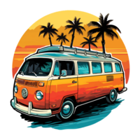 Summer Camper Van, camping on the sunset coast with car, palm trees, generative ai. png