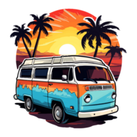 Summer Camper Van, camping on the sunset coast with car, palm trees, generative ai. png