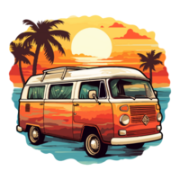 Summer Camper Van, camping on the sunset coast with car, palm trees, generative ai. png