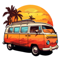 verano camper camioneta, cámping en el puesta de sol costa con auto, palma árboles, generativo ai. png