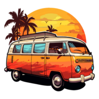 Summer Camper Van, camping on the sunset coast with car, palm trees, generative ai. png