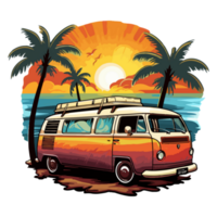 Sommer- Wohnmobil Lieferwagen, Camping auf das Sonnenuntergang Küste mit Auto, Palme Bäume, generativ ai. png