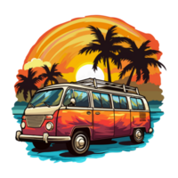 Summer Camper Van, camping on the sunset coast with car, palm trees, generative ai. png