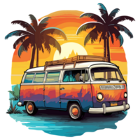 Summer Camper Van, camping on the sunset coast with car, palm trees, generative ai. png