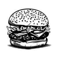 hamburger hand drawn vector illustration sketch retro style, Delicious vintage etching food design. american burger vector hamburger vintage style isolated on white