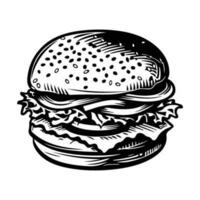 hamburger hand drawn vector illustration sketch retro style, Delicious vintage etching food design. american burger vector hamburger vintage style isolated on white