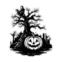 Halloween pumpkin with ghost and grave marker, dry tree vector