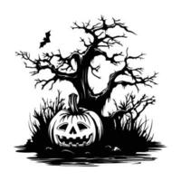 Halloween pumpkin with ghost and grave marker, dry tree vector