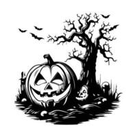 Halloween pumpkin with ghost and grave marker, dry tree vector