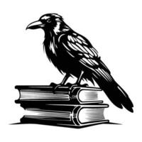 Occult witchcraft raven crow spirit animal, dark raven sits on books vector