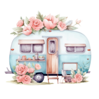 super cute Spring Caravan, Summer Holiday Caravan Traveling Watercolor, truck travel, Travel trailer watercolor illustration. png