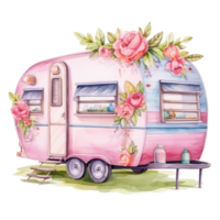 super mignonne printemps caravane, été vacances caravane en voyageant aquarelle, un camion voyage, Voyage bande annonce aquarelle illustration. png