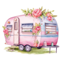 super cute Spring Caravan, Summer Holiday Caravan Traveling Watercolor, truck travel, Travel trailer watercolor illustration. png