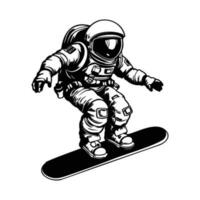 astronauta en snowboarder en espacio, astronauta en un surf tablero dibujos animados vector